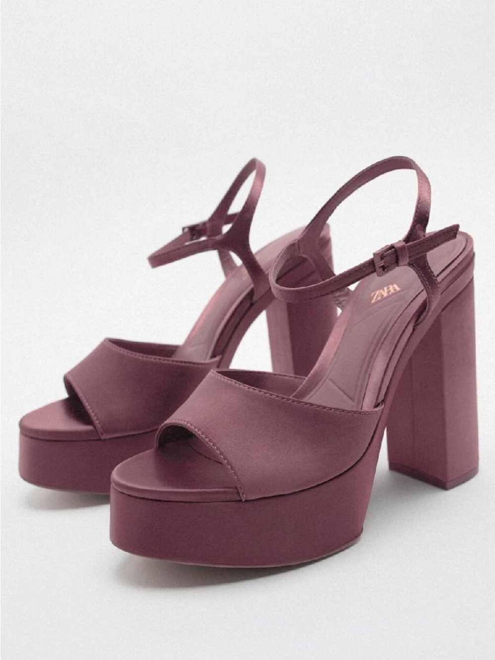 Zara Dusty Pink Purple Satin Block Heel Platforms Colorblock Statement Sandals